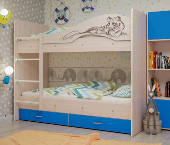 Кровать Мая-Сафари двухъярусная с ящикамиМлечный дуб/Голубой в Чике - chik.mebel54.com | фото