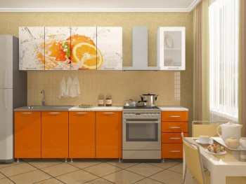 Кухонный гарнитур 1,6м Апельсин (Белый/Оранжевый металлик/Фотопечать апельсин) в Чике - chik.mebel54.com | фото